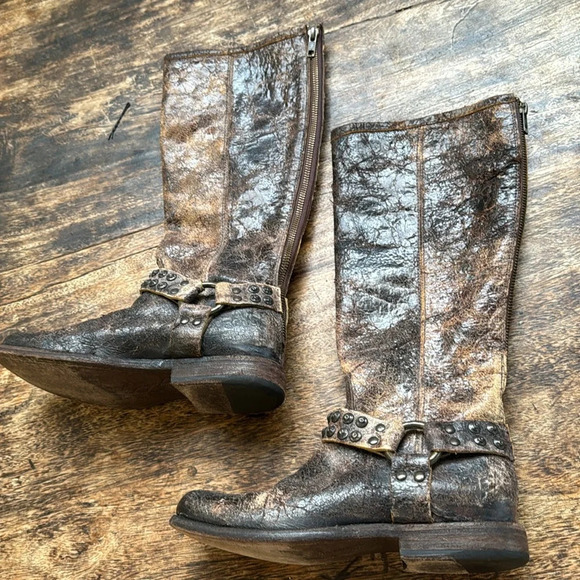 Frye signature studded harness rustic brown leather boots size 6 - Picture 1 of 16